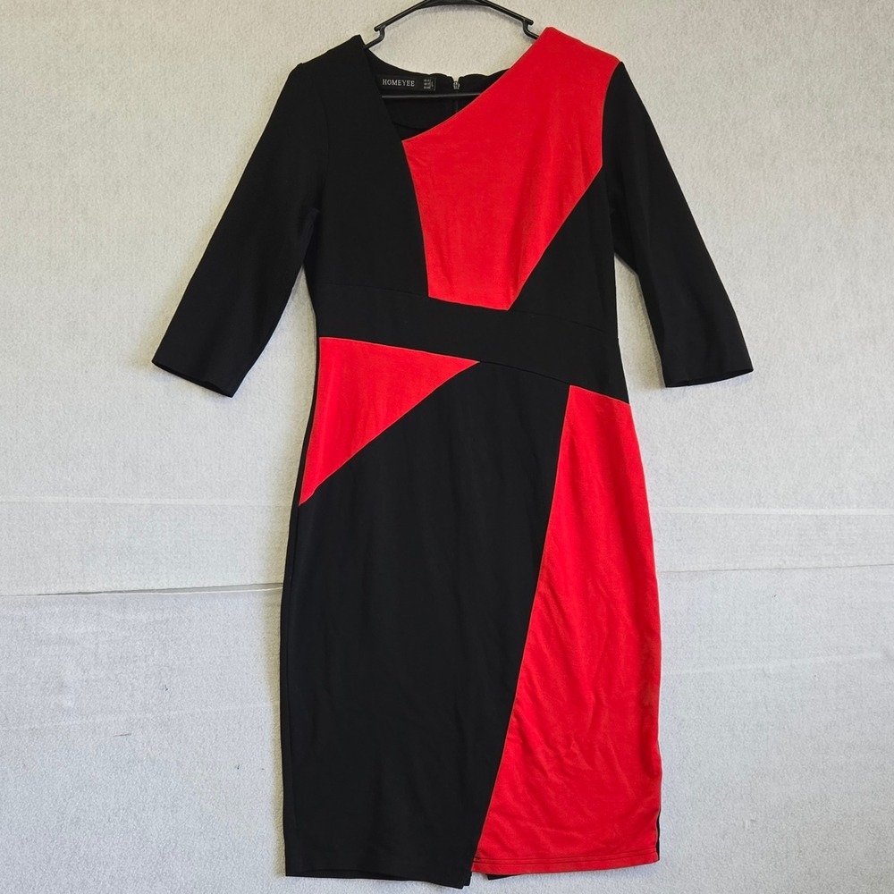 HOMEYEE Women Black Red Colorblock Geometric Sheath Dress 3/4 Sleeve Size L US 8